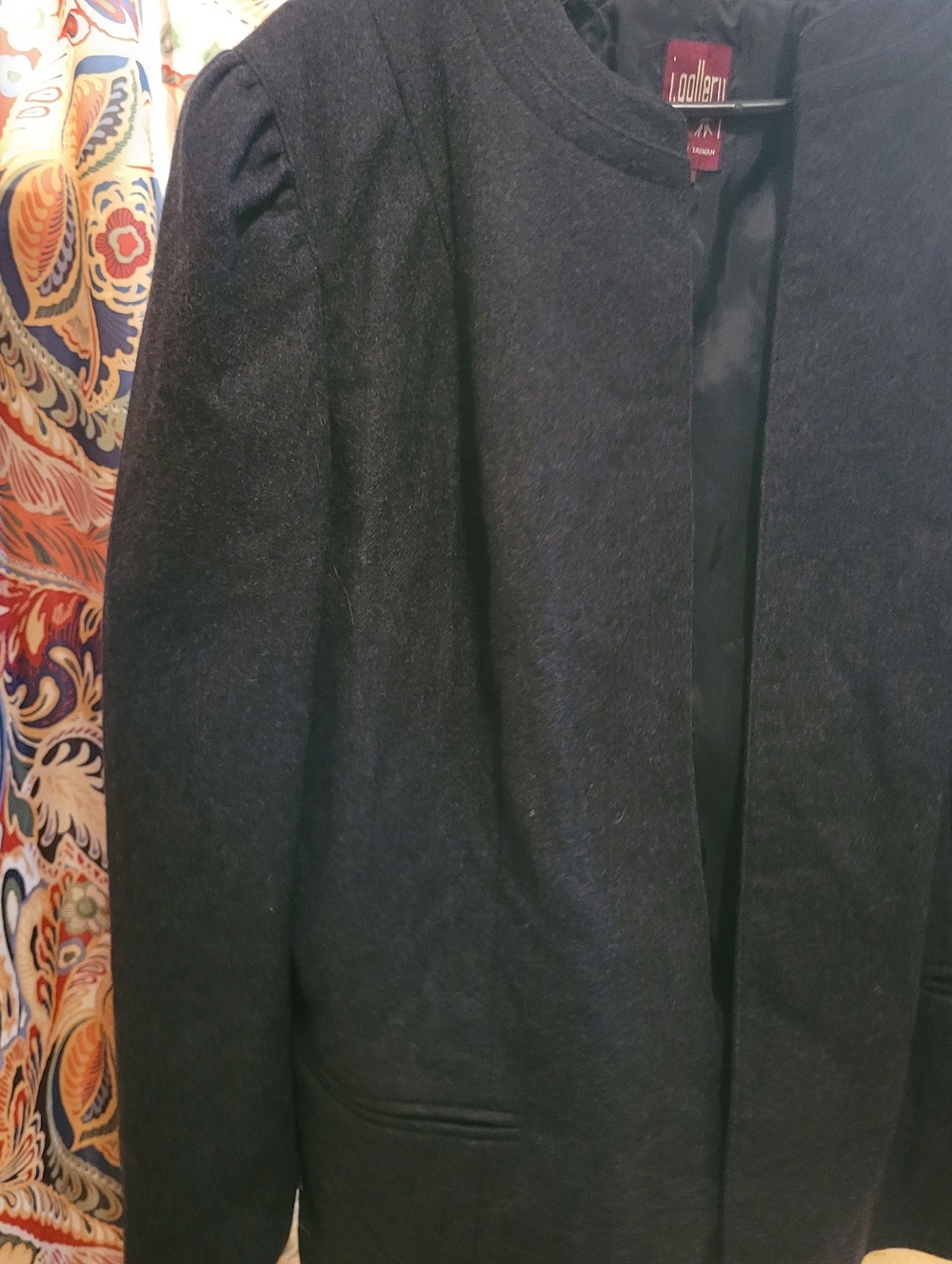 Shoulder Detail Black Wool Open Front Jacket, Size 40